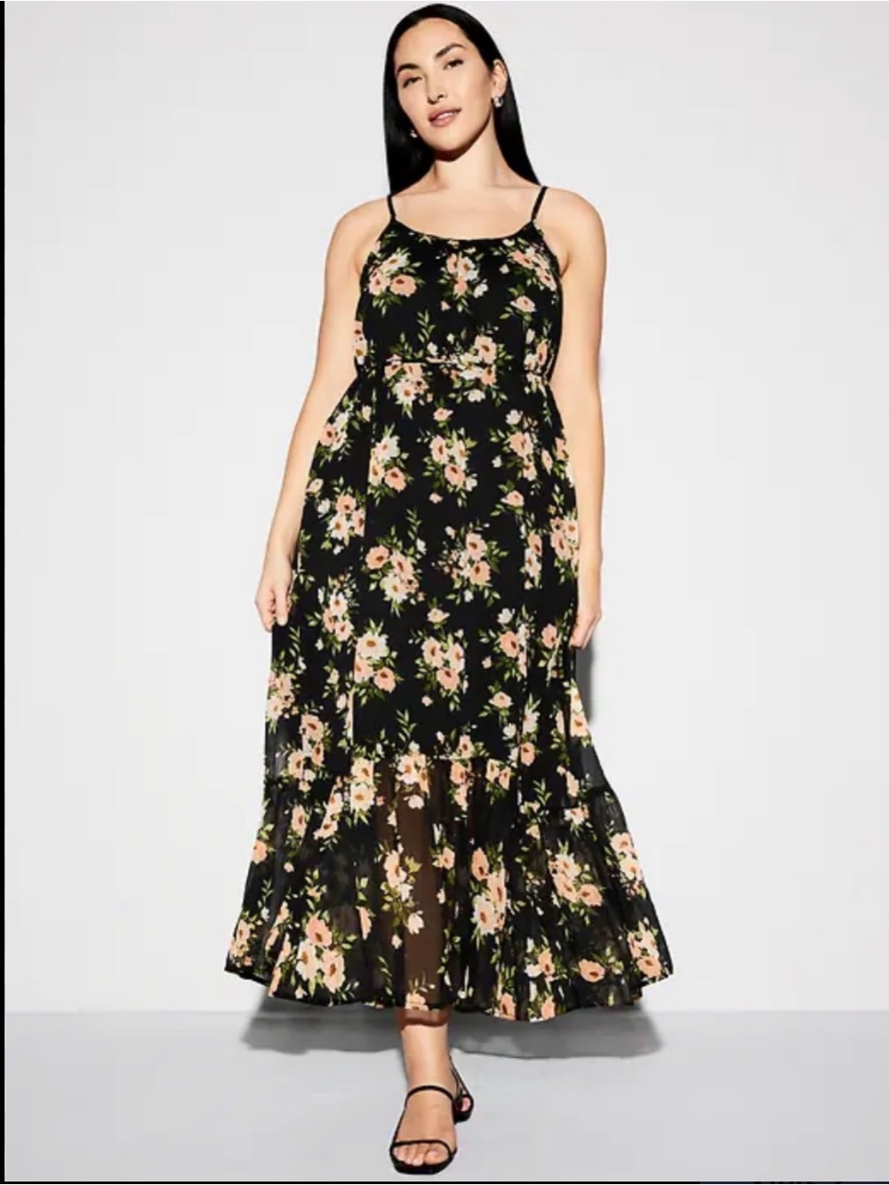 Old Navy Black Floral Maxi Dress with Cream and Green Accents